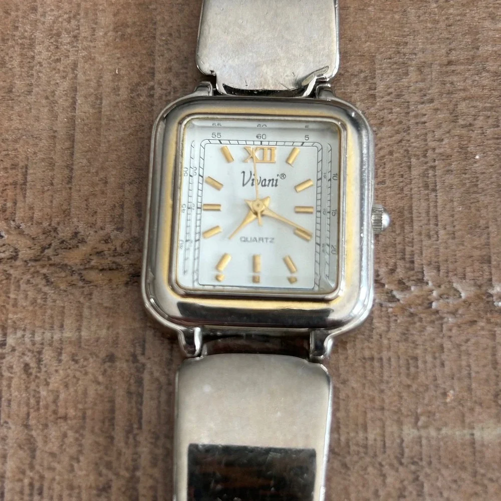 Vivani Women Silver Tone Rectangular Quartz Watch HC127 Gold Accents‎ Link Band